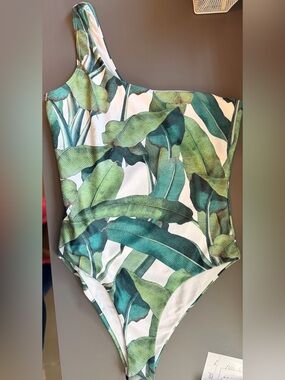 One-Shoulder Green Tropical Leaf One-Piece Swimsuit